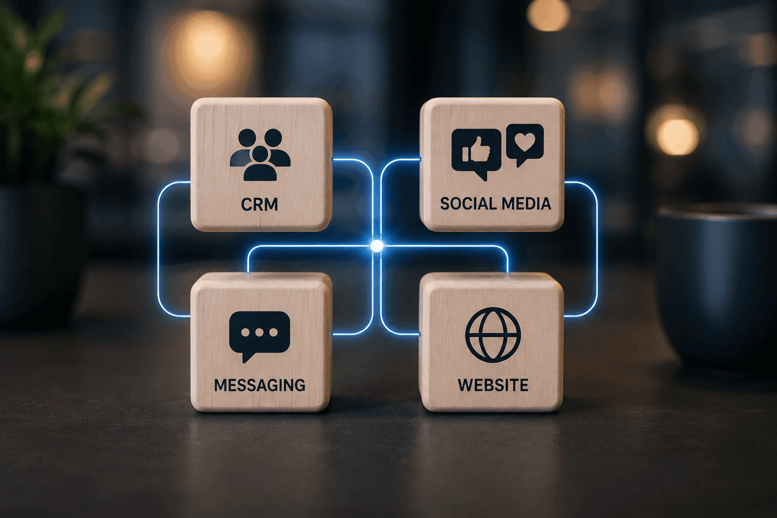 Connected business systems representing CRM, social media, messaging and website working together.