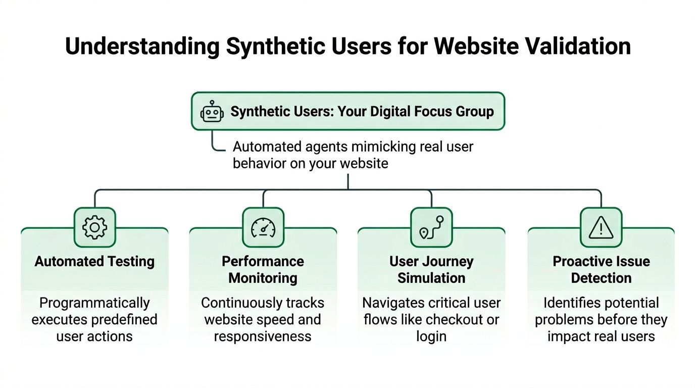 A diagram explaining how synthetic users are used to mimic real visitor behavior for website validation purposes.