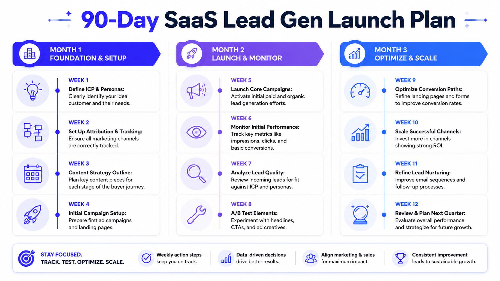 A 90-day SaaS lead generation launch plan infographic broken down into weekly actionable marketing steps.