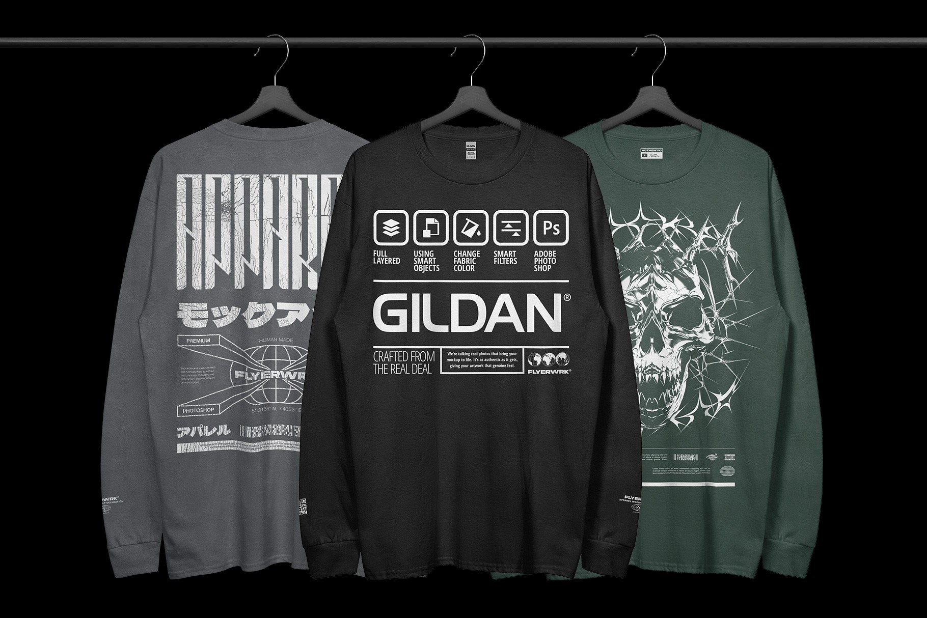 Gildan 2400 long sleeve hanging mockup with multiple shirt design examples
