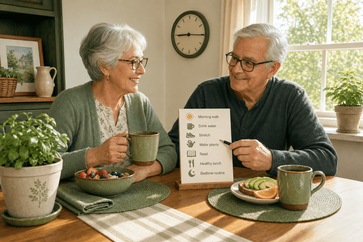 This image shows an elderly couple sitting at a dining table in a bright, cozy room, engaging in a conversation while reviewing a printed daily routine checklist. The checklist includes activities such as morning walk, drinking water, stretching, watering plants, reading, having a healthy lunch, and following a bedtime routine, each accompanied by an illustrative icon. The couple is enjoying a healthy meal with green tea and plates featuring fresh fruits and avocado toast. The setting emphasizes healthy lifestyle habits and wellness planning for seniors, useful for healthcare, wellness promotion, or lifestyle coaching documentation.