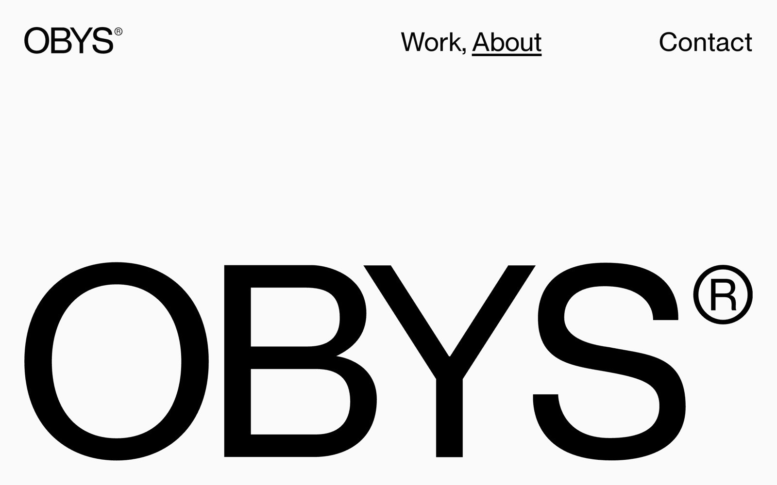 OBYS logo in bold black letters centered, with "Work, About" and "Contact" in smaller text at the top. White background.