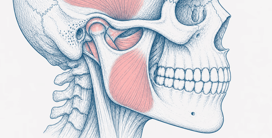 Anatomische Illustration von Kiefergelenk, Kaumuskulatur und Biss bei CMD-Beschwerden