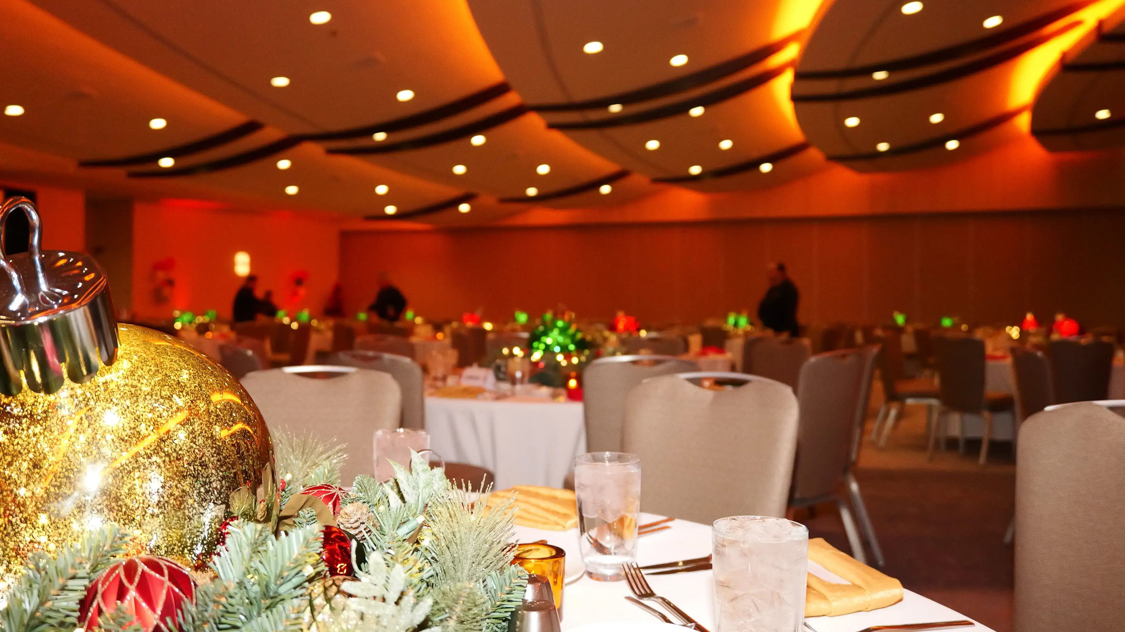 Holiday party banquet hall table and decor