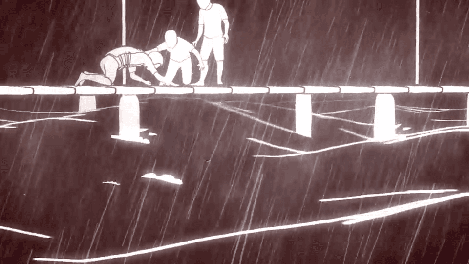Animated rescuers pulling kayaker to safety on dock during stormy weather