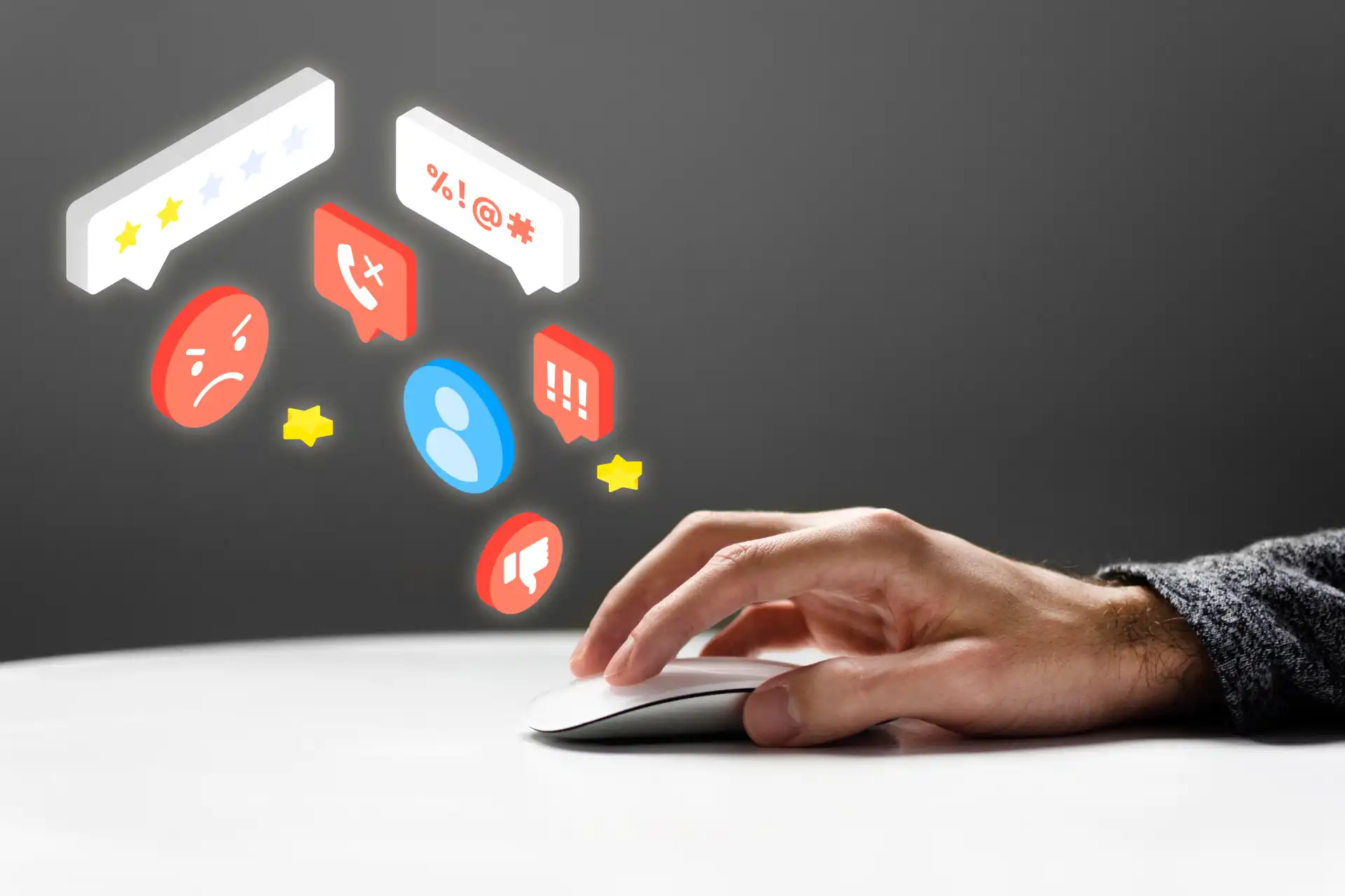 Hand on mouse with negative social media feedback icons showing frustrated TikTok Shop experience from single traffic source dependency.