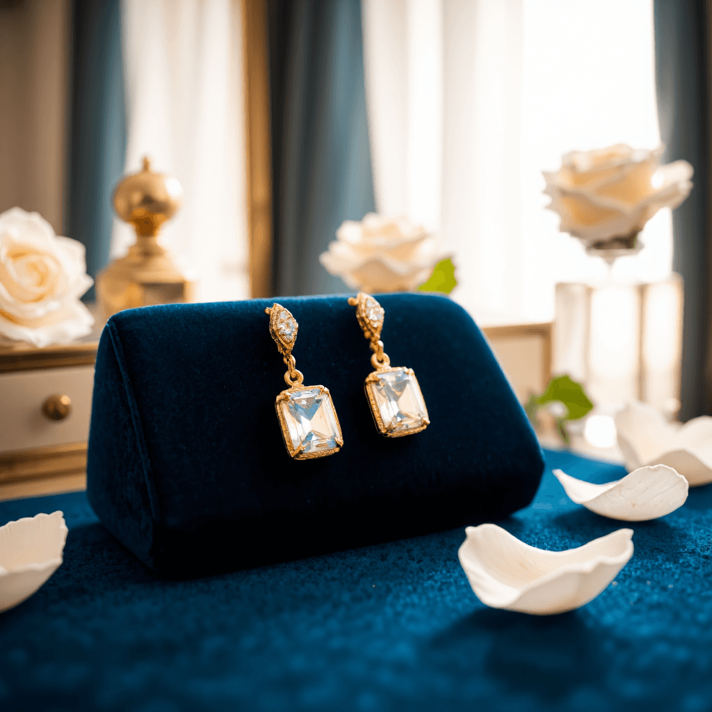 product photography of a pair of earrings with a sparkling design