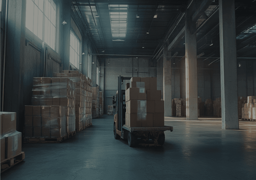 Warehouse with boxes and machines