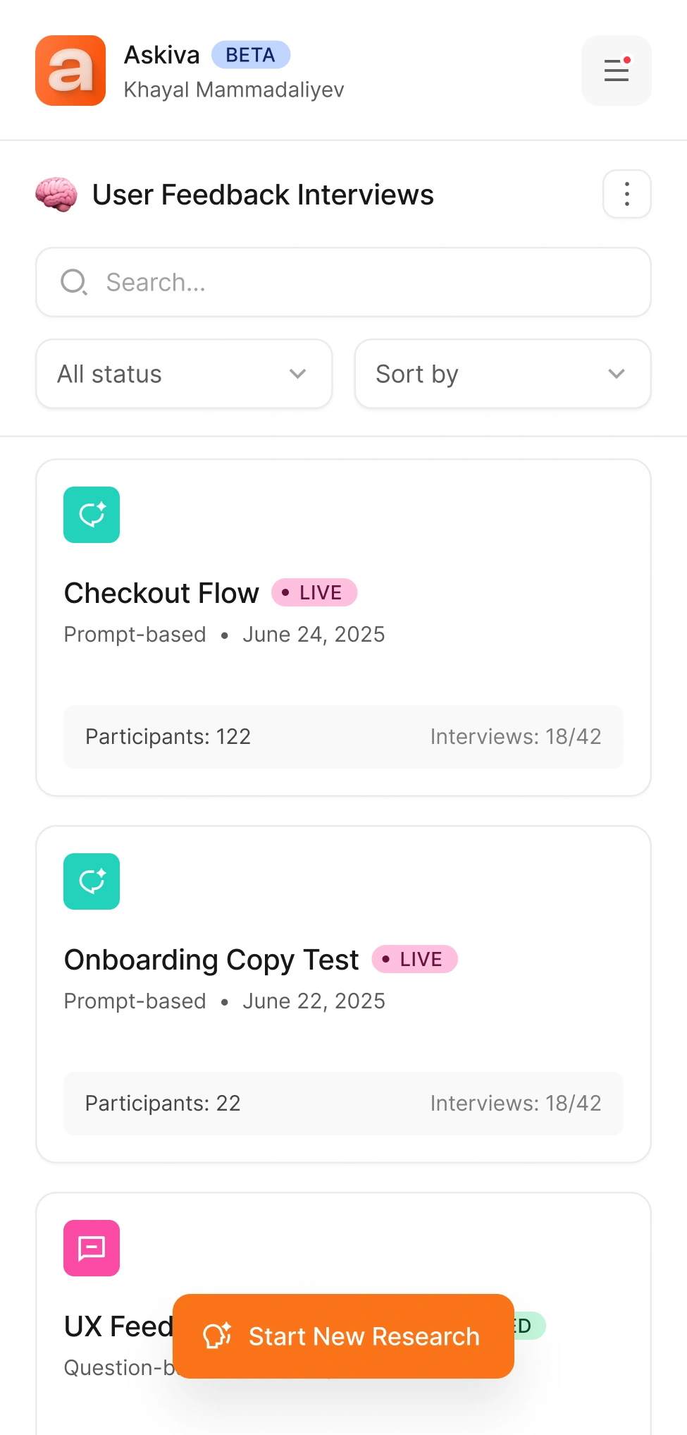 Screenshot of Askiva “User Feedback Interviews” dashboard with draft studies, filters, and a Start New Research button