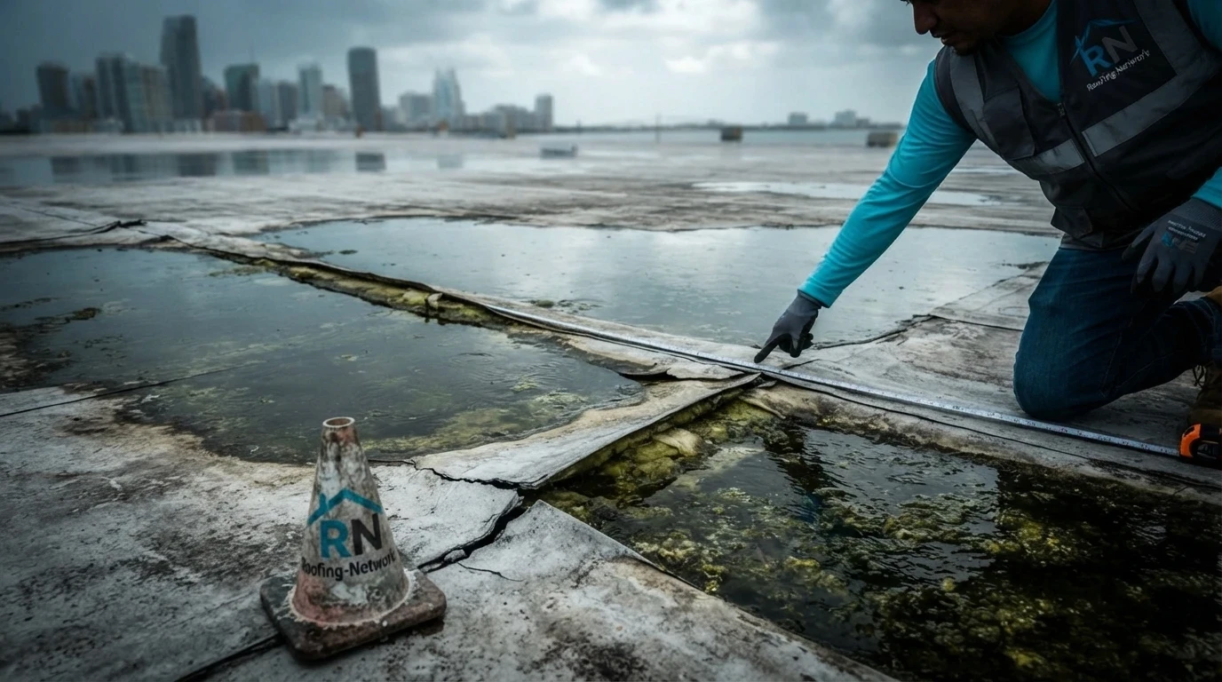 Ponding water and failed seams on a flat commercial roof in Miami before replacement