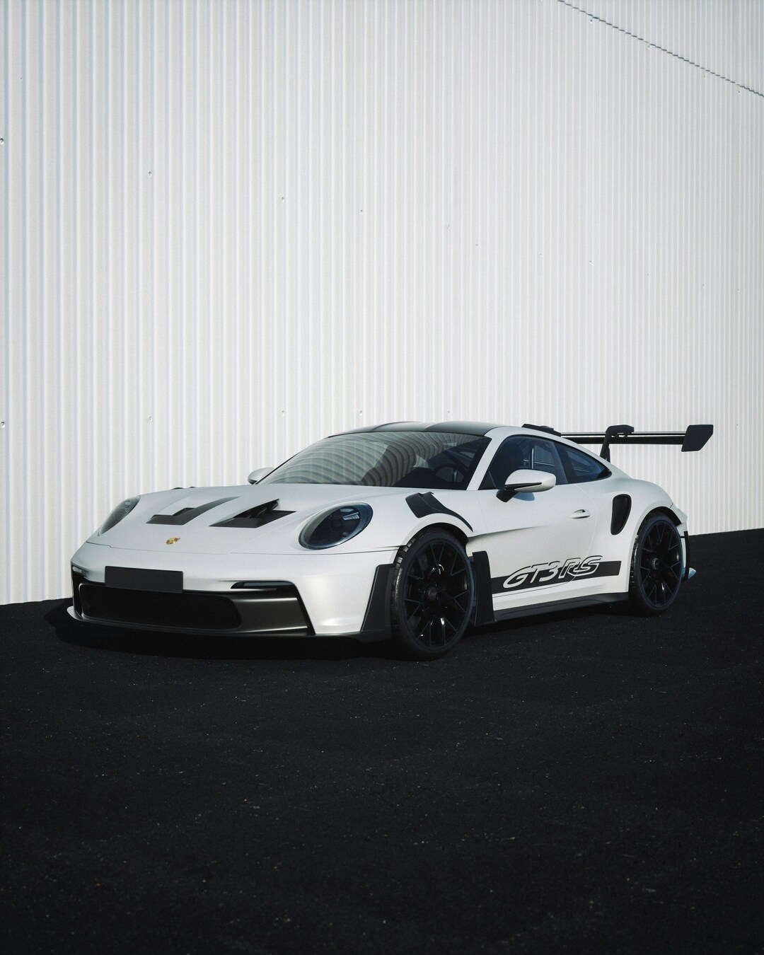 A sleek, white sports car with black accents and a prominent rear wing is parked against a corrugated metal wall, showcasing modern design and high-performance features.