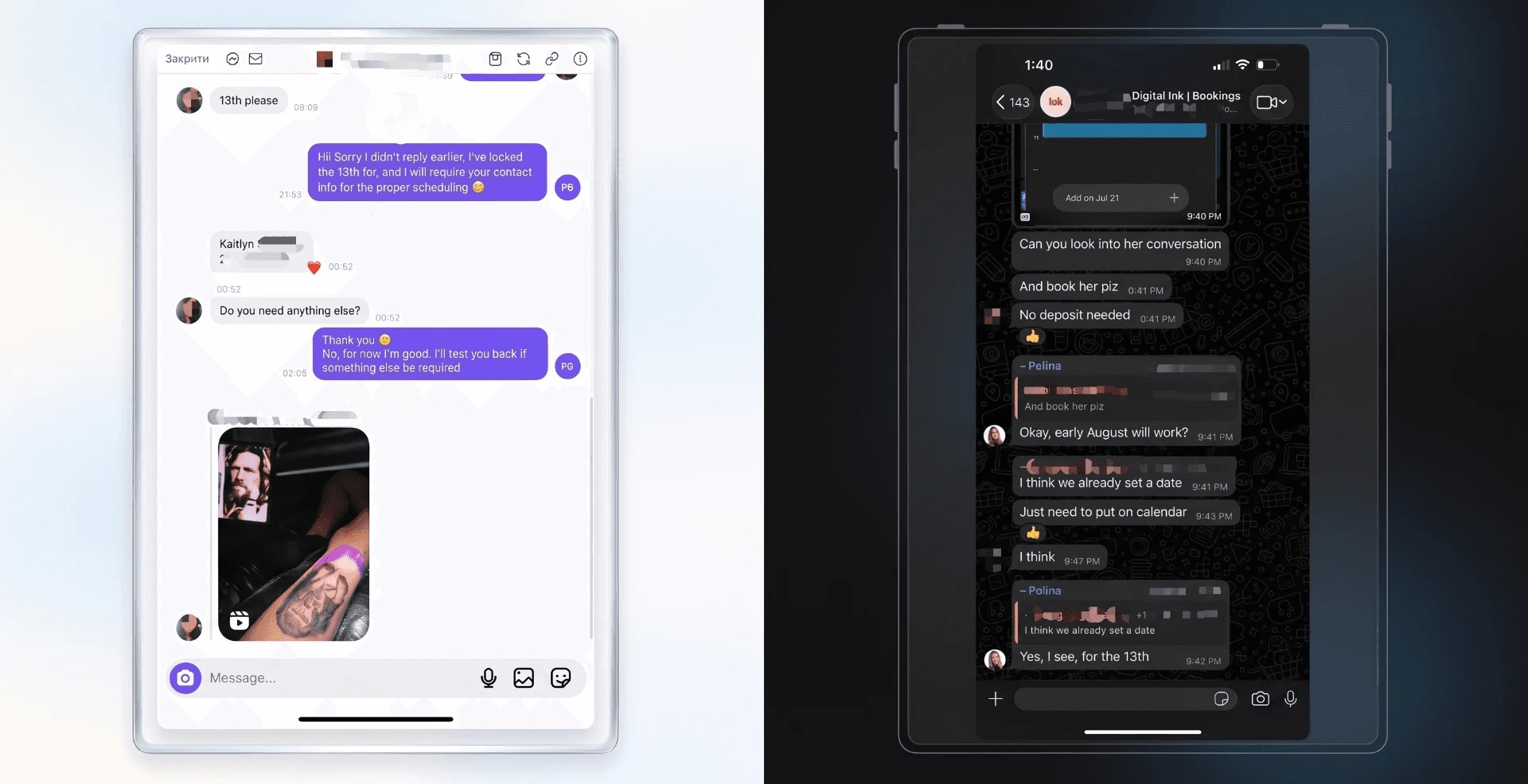 Booking manager handling tattoo client inquiries in Instagram DMs on behalf of a tattoo artist