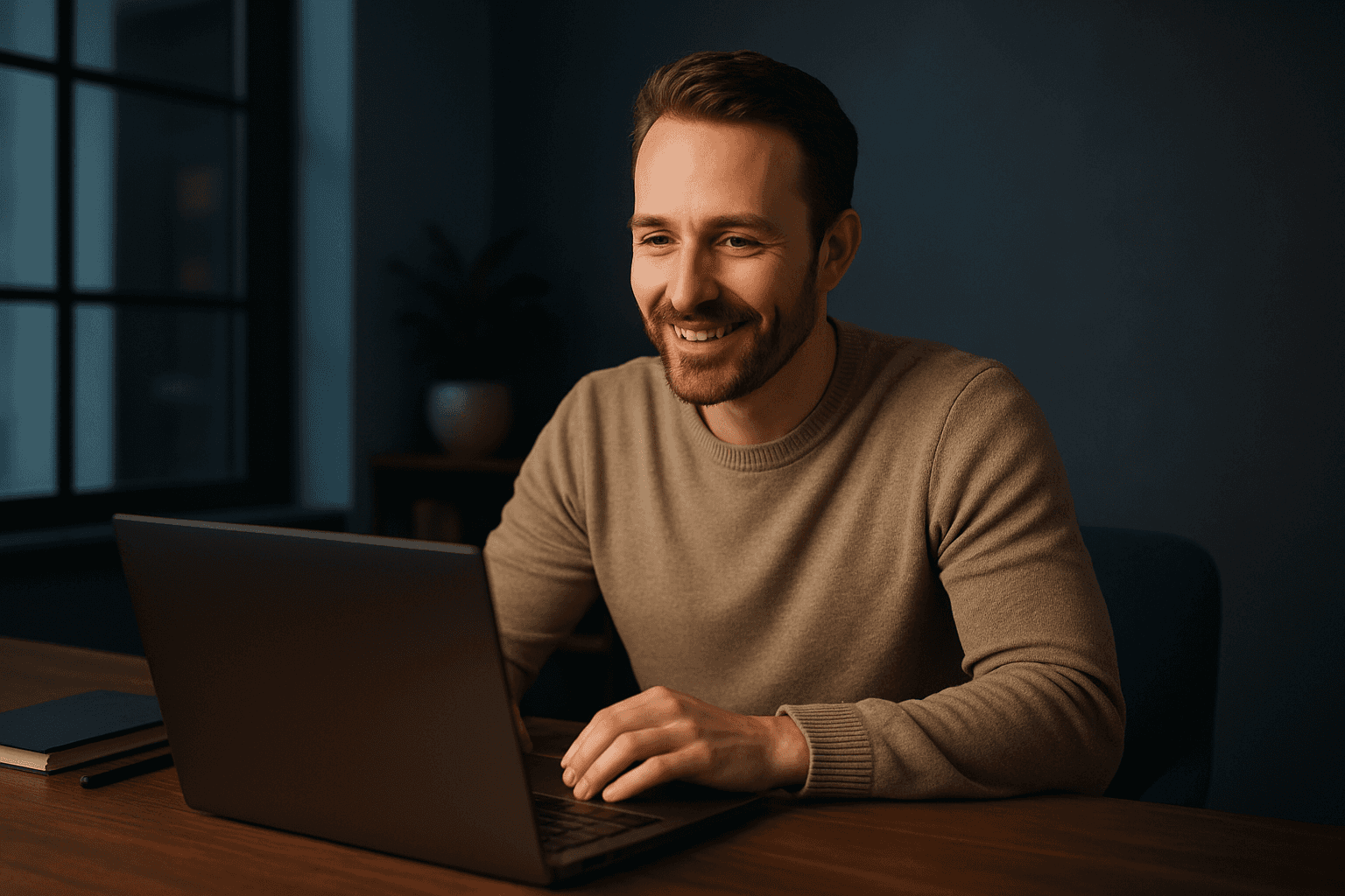 A man behind a Laptop smiling