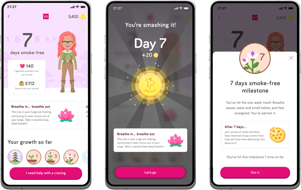 An image of three device mock ups showing the YuLife quit smoking app feature screens - smoking hub, reward and milestone.