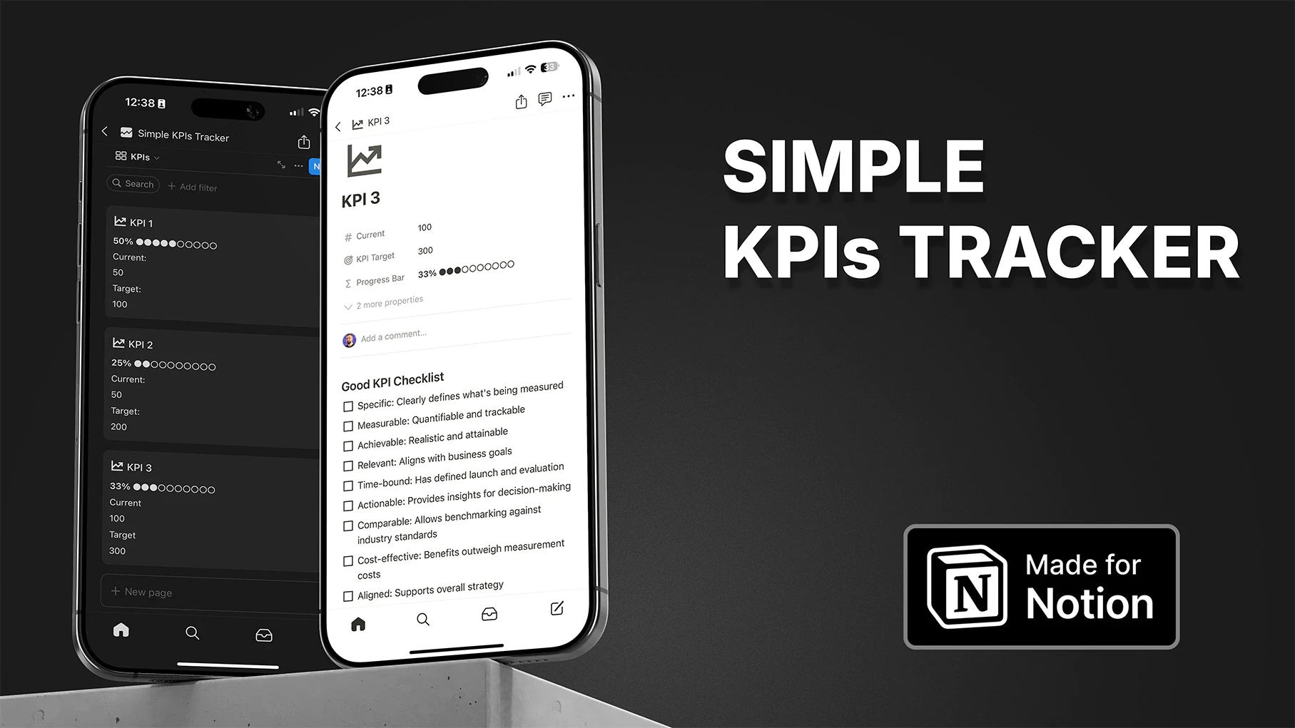 Simple KPIs Tracker Notion template on mobile devices. Left phone shows KPI list view in dark mode, right phone displays detailed KPI 3 page with progress bar and checklist. Demonstrates mobile-friendly design for on-the-go performance tracking in Notion.