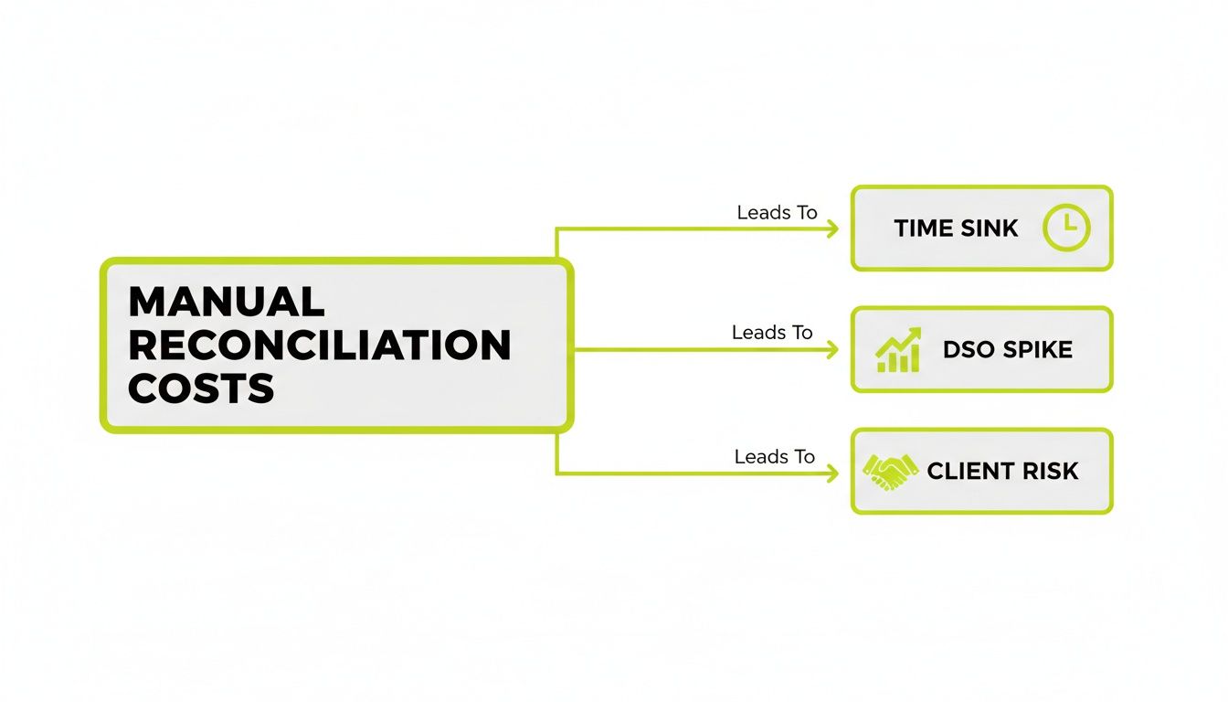 Flowchart illustrating manual reconciliation costs leading to time sink, DSO spike, and client risk.