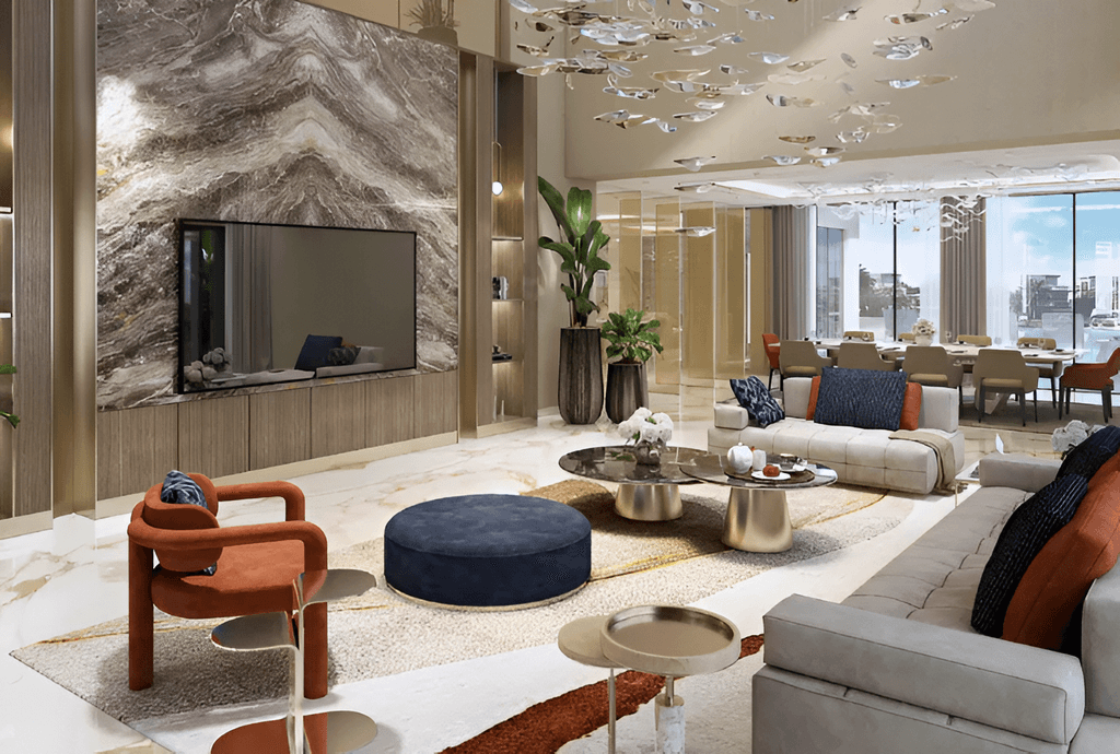 Modern living room furnished with sleek furniture, showcasing a stylish and contemporary design in Bahamas DAMAC Properties.
