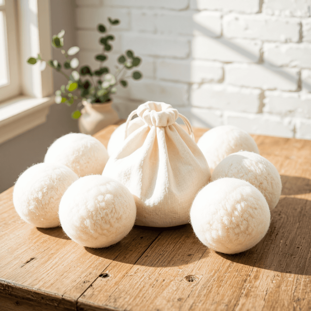 product photography of a bag of wool dryer balls used for laundry