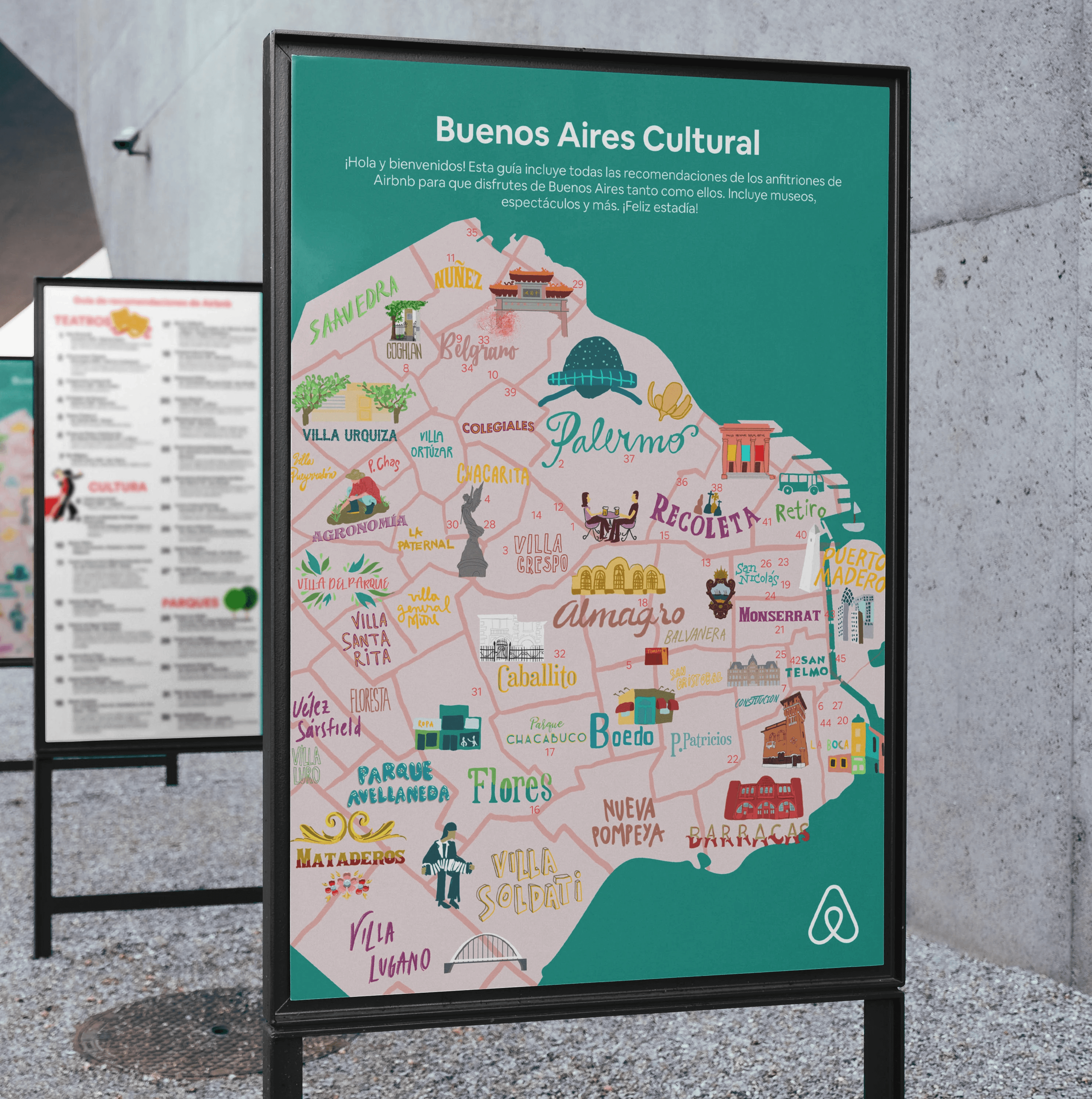 Cartel en soporte urbano con mapa ilustrado colorido “Buenos Aires Cultural”, barrios con íconos turísticos; logo Airbnb.