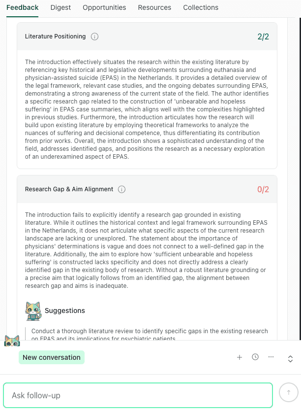 thesify feedback showing scores for Literature Positioning (2/2) and Research Gap & Aim Alignment (0/2) with suggestions for improvement.