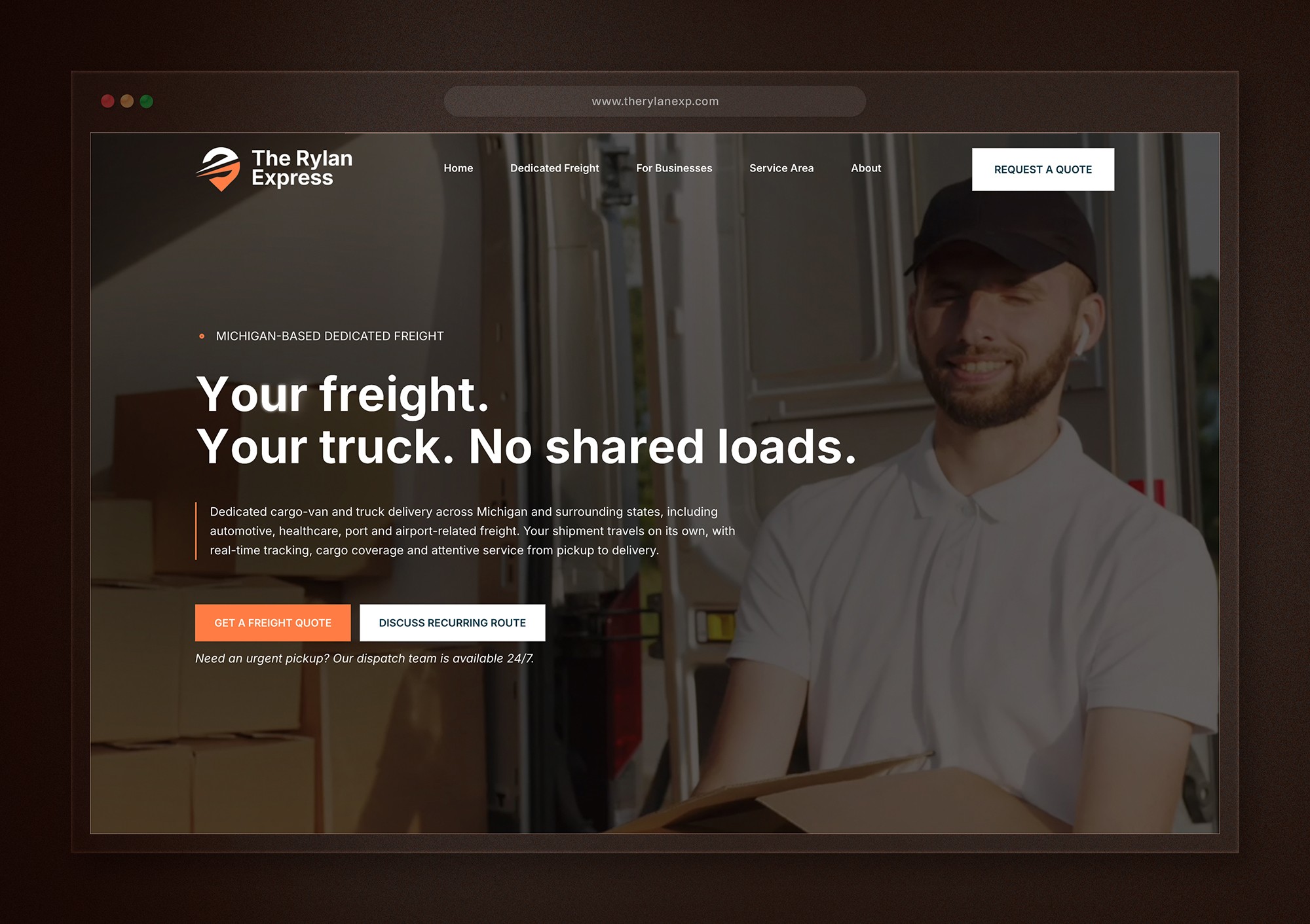 The Rylan Express homepage redesign showing dedicated freight messaging and quote call-to-action