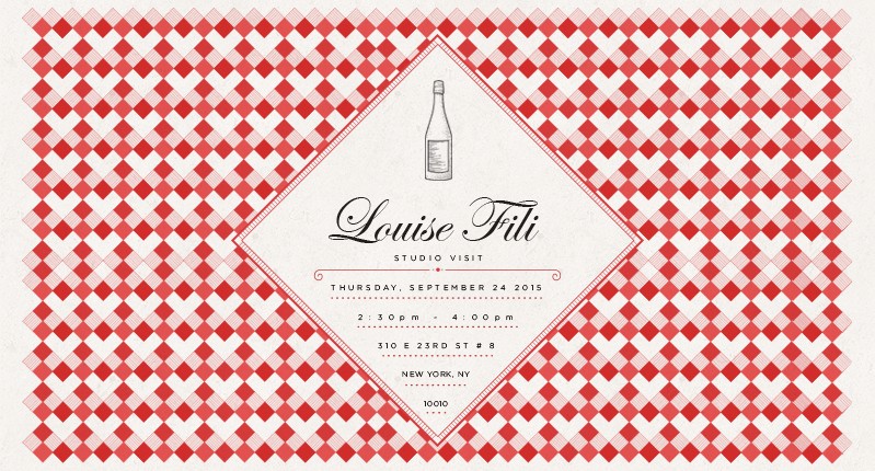 Louise Fili event banner made in a diamond shape on top of a small diamond shapes pattern with red, pink, and white diamond shapes