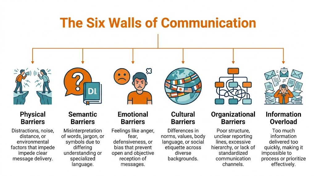 An infographic titled The Six Walls of Communication illustrating physical, semantic, emotional, cultural, organizational, and information overload barriers.