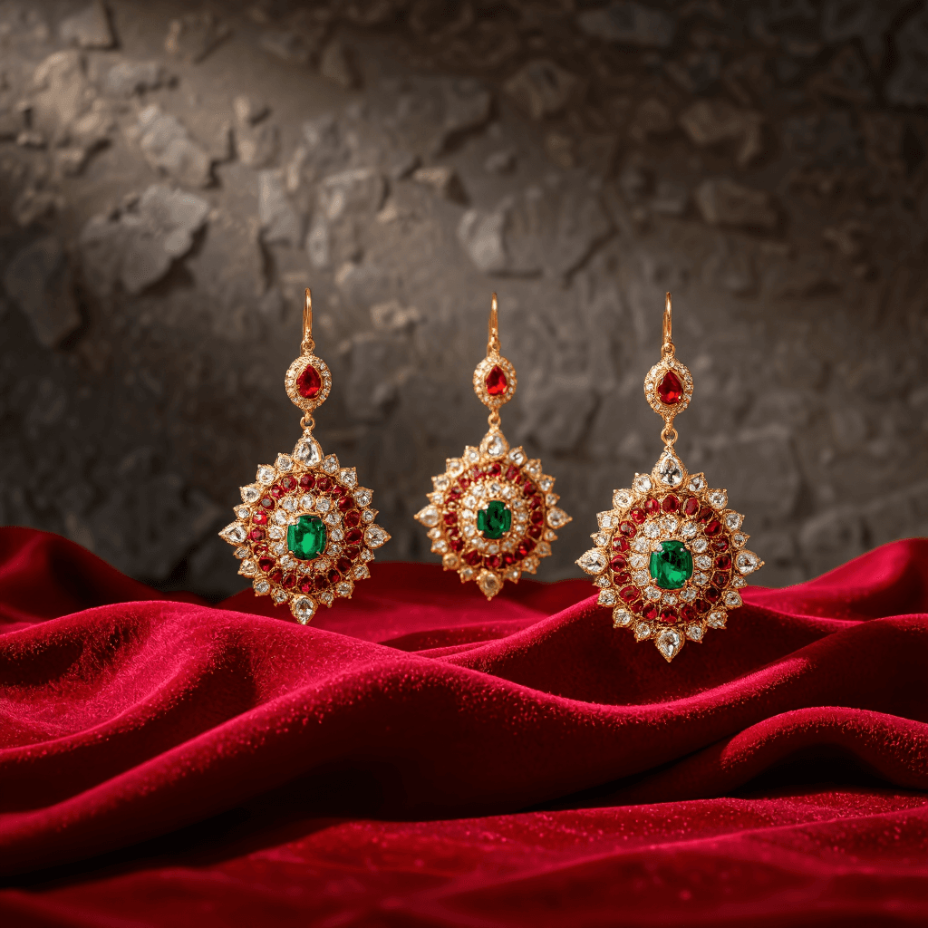 product photography of set of traditional jewelry including earrings and a pendant