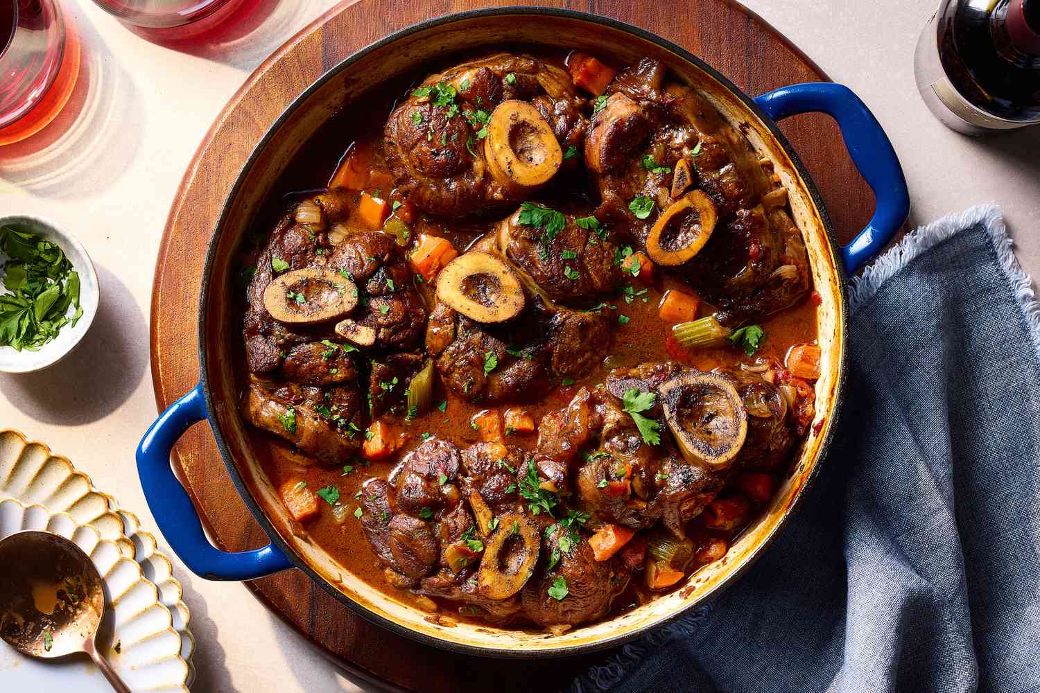 This osso buco is a classic northern Italian dish of meaty veal shanks slow-braised with red wine
