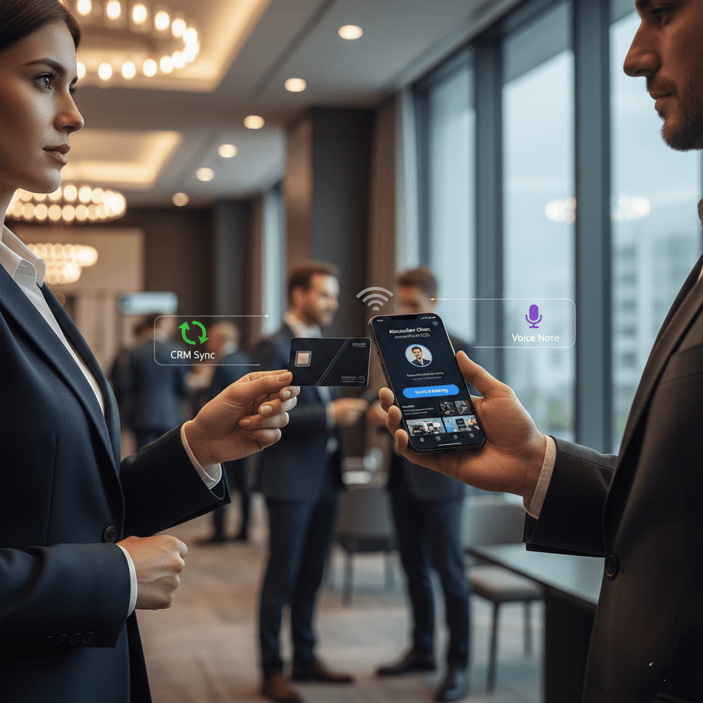 Executive professionals exchanging a smart business card at a networking event while the Habsy app displays AI-powered lead capture, qualification options, and CRM sync on a smartphone screen.