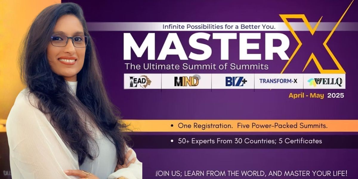 Image of Prithee Ajodah, a healer from Mauritius, promoting the MasterX Summit, offering emotional healing and leadership insights.