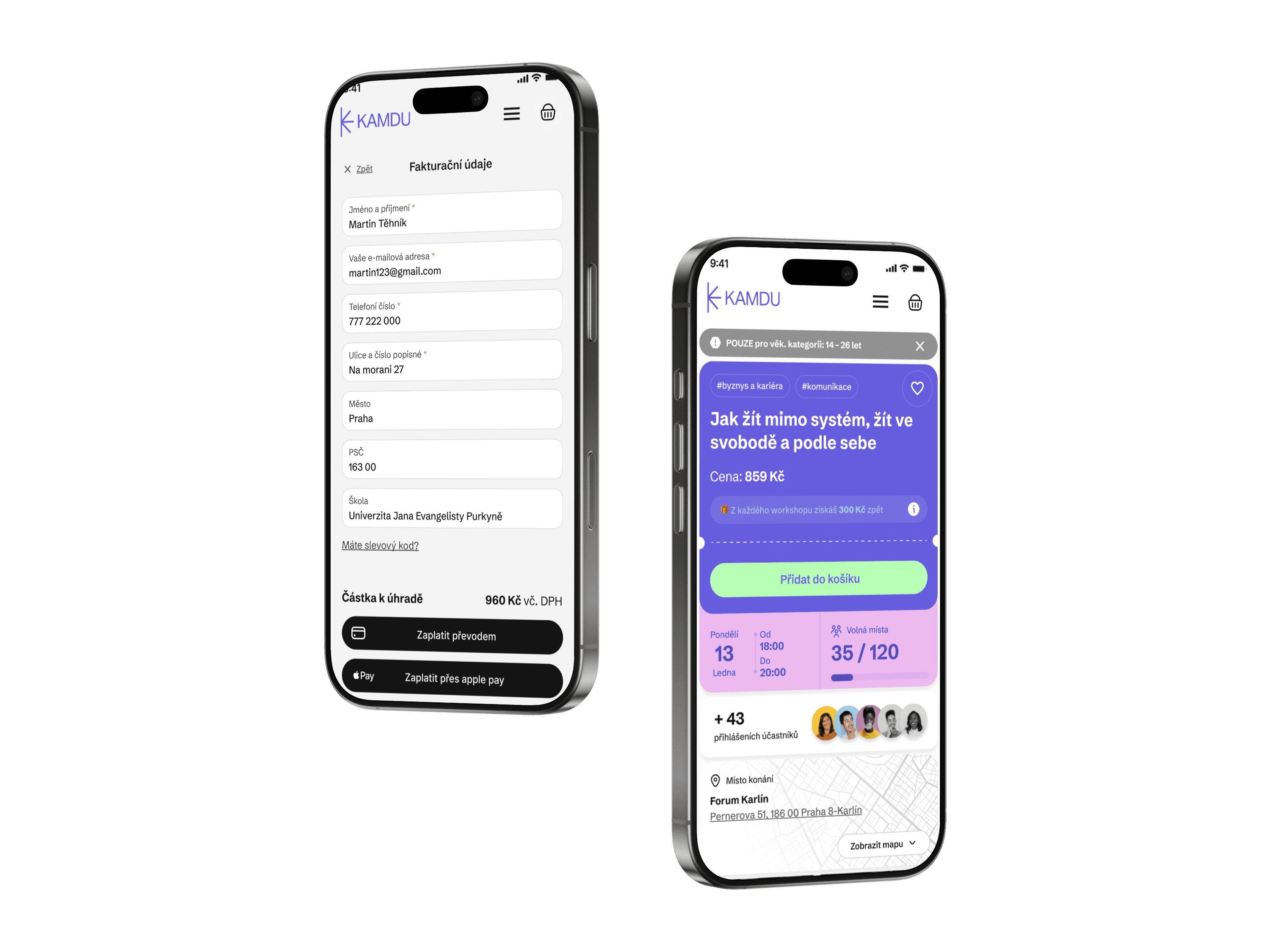 Mockup dvou telefonů: fakturační údaje v objednávce a detail workshopu