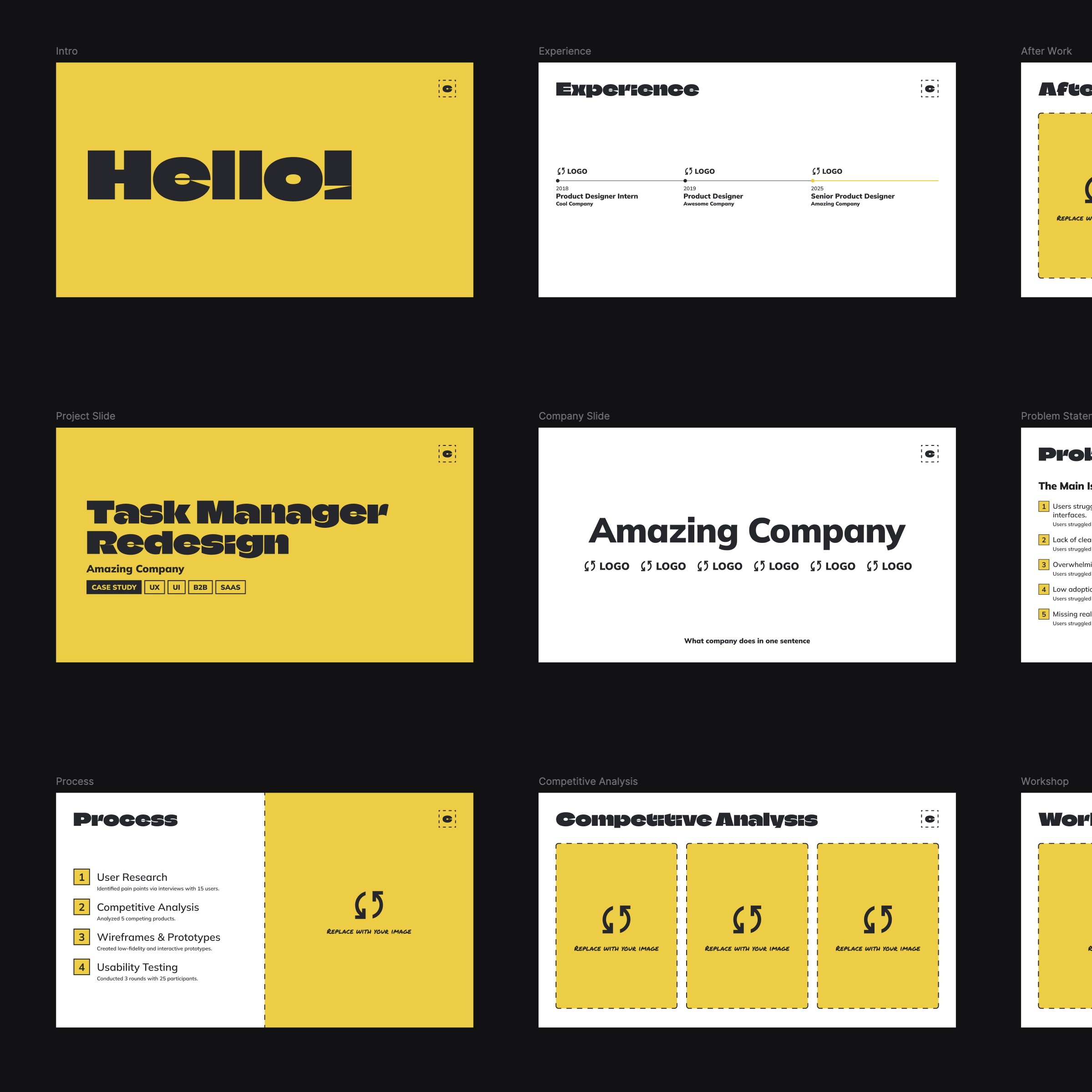 UX case study template slides showing intro, experience, and problem flow for presentation structure.