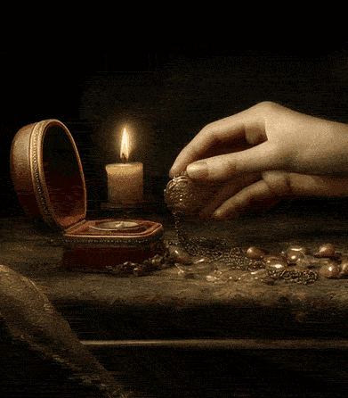 Renaissance-inspired jewellery atelier scene with candlelight, scattered gemstones, and artisan hands arranging gold pieces