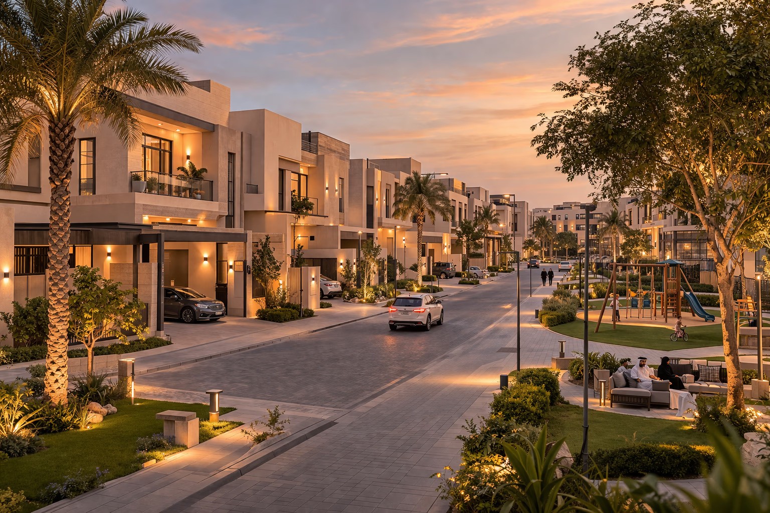 فيلا في الرياض عند الغروب مع سماء برتقالية وبنفسجية خلف العمارة الأنيقة، نموذج للرفاهية السكنية في حي حطين.