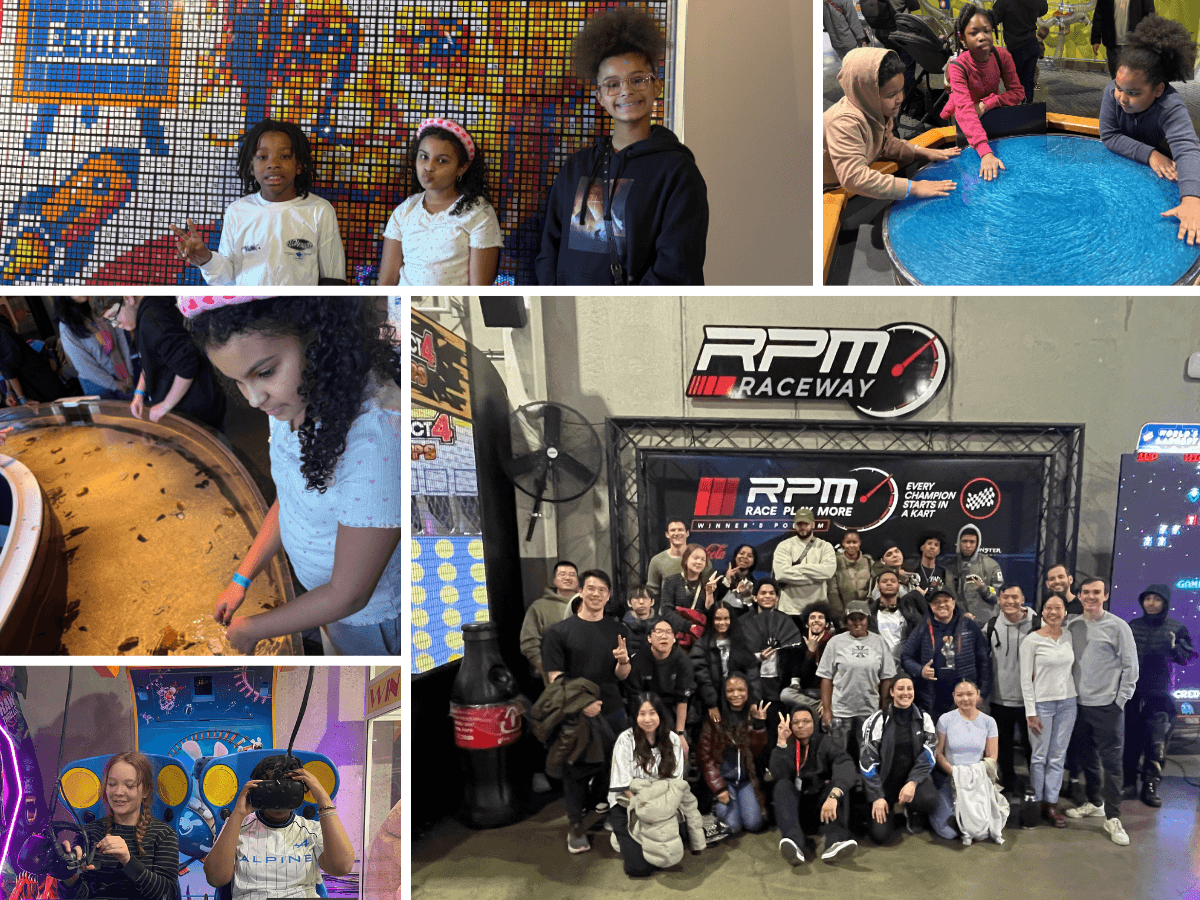 Collage of teens going to a museum and an indoor racetrack.