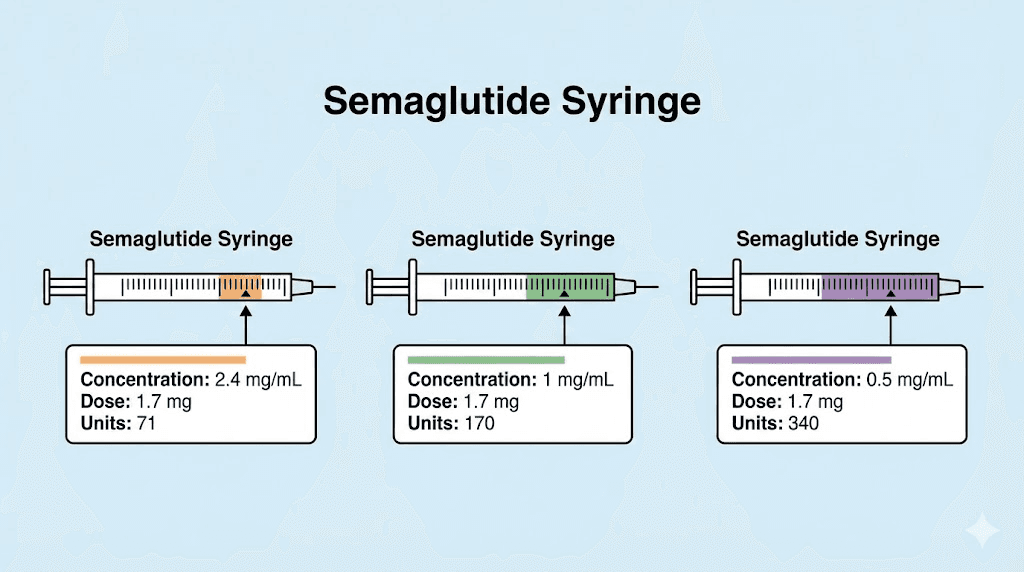 Semaglutide 1.7 mg dose measurement on insulin syringe unit markings