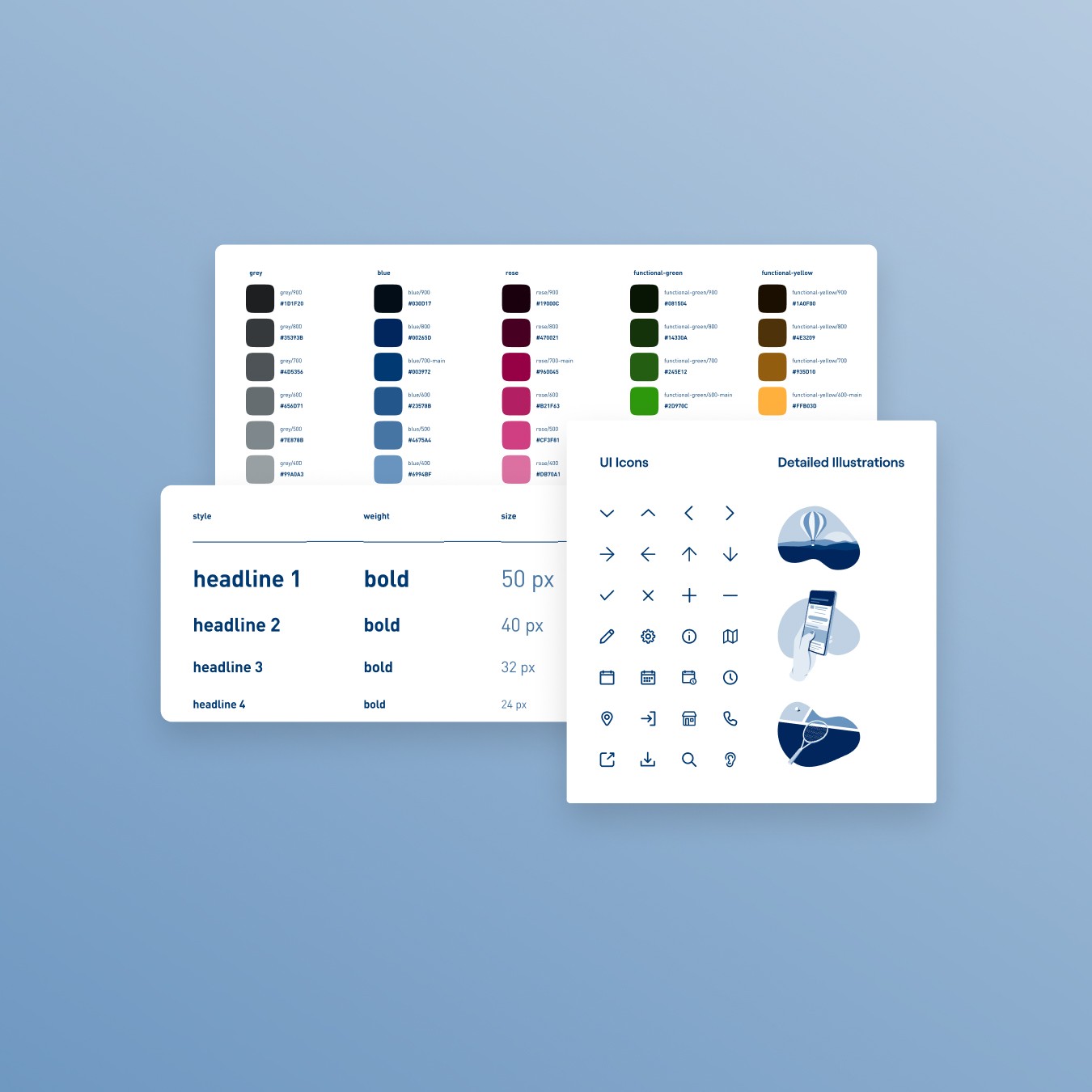 Jollage zum Designsystem von KIND für farben, Schirften, Icons und Grafiken..