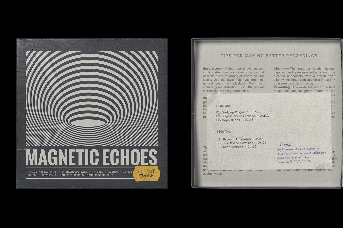 Vintage Reel Tape Box Mockup album cover artwork preview with retro packaging.