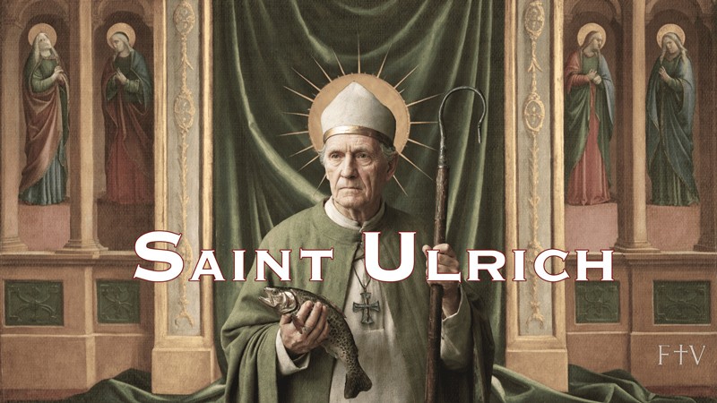 Sacred artwork by Faith and Verse. © Faith and Verse, 2025. All rights reserved.  Traditional Catholic saint portrait — Saint Ulrich of Augsburg holding a crosier and a fish, symbolizing episcopal leadership and his legendary provision during siege.