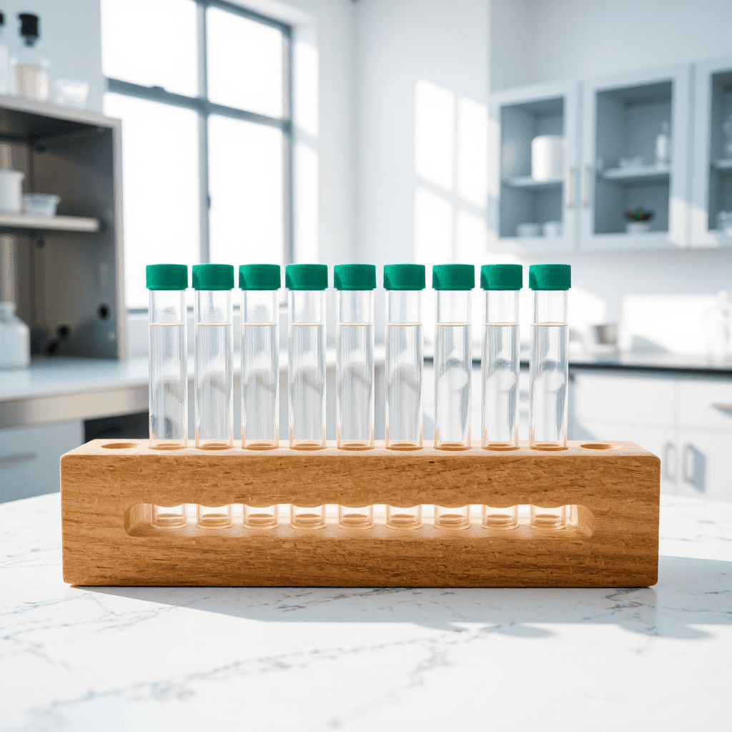 product photography of a set of test tubes with a holder for laboratory use