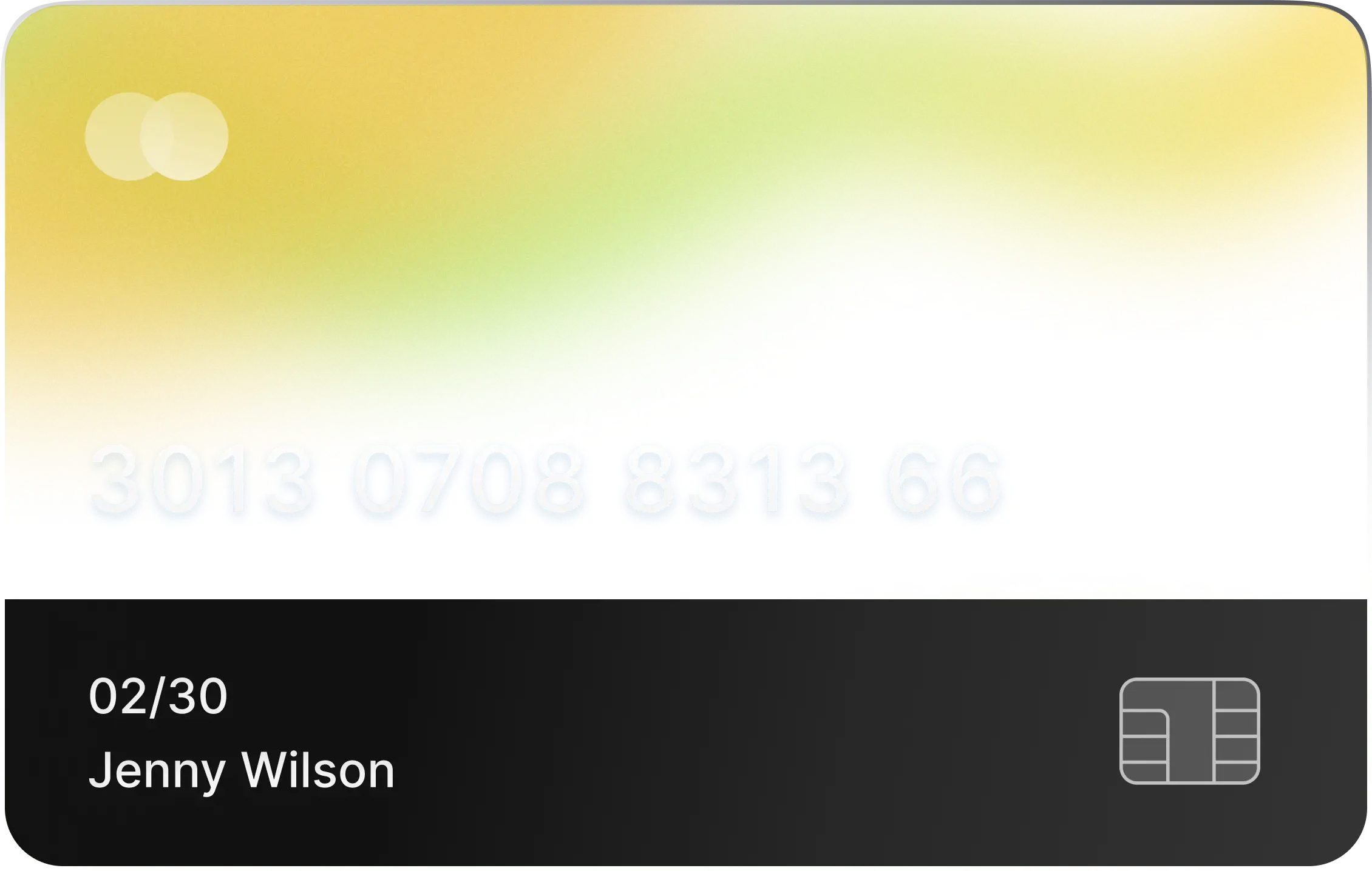 A credit card featuring a gradient of yellow to green at the top and a black base with a chip and card number.