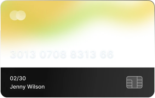 A credit card featuring a gradient of yellow to green at the top and a black base with a chip and card number.