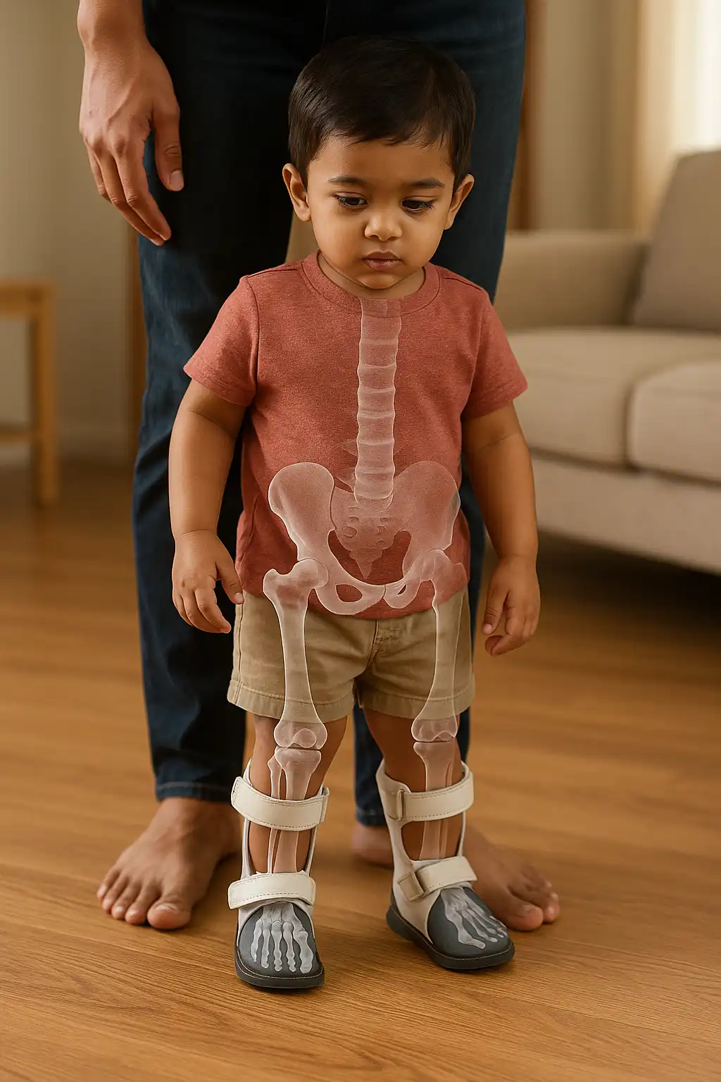 Young child wearing corrective braces for clubfoot while standing with support, showing pediatric orthopedic management.