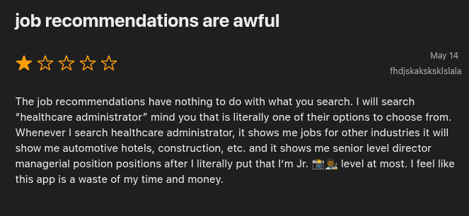 1-star Sprout App Store review saying job recommendations do not match the search