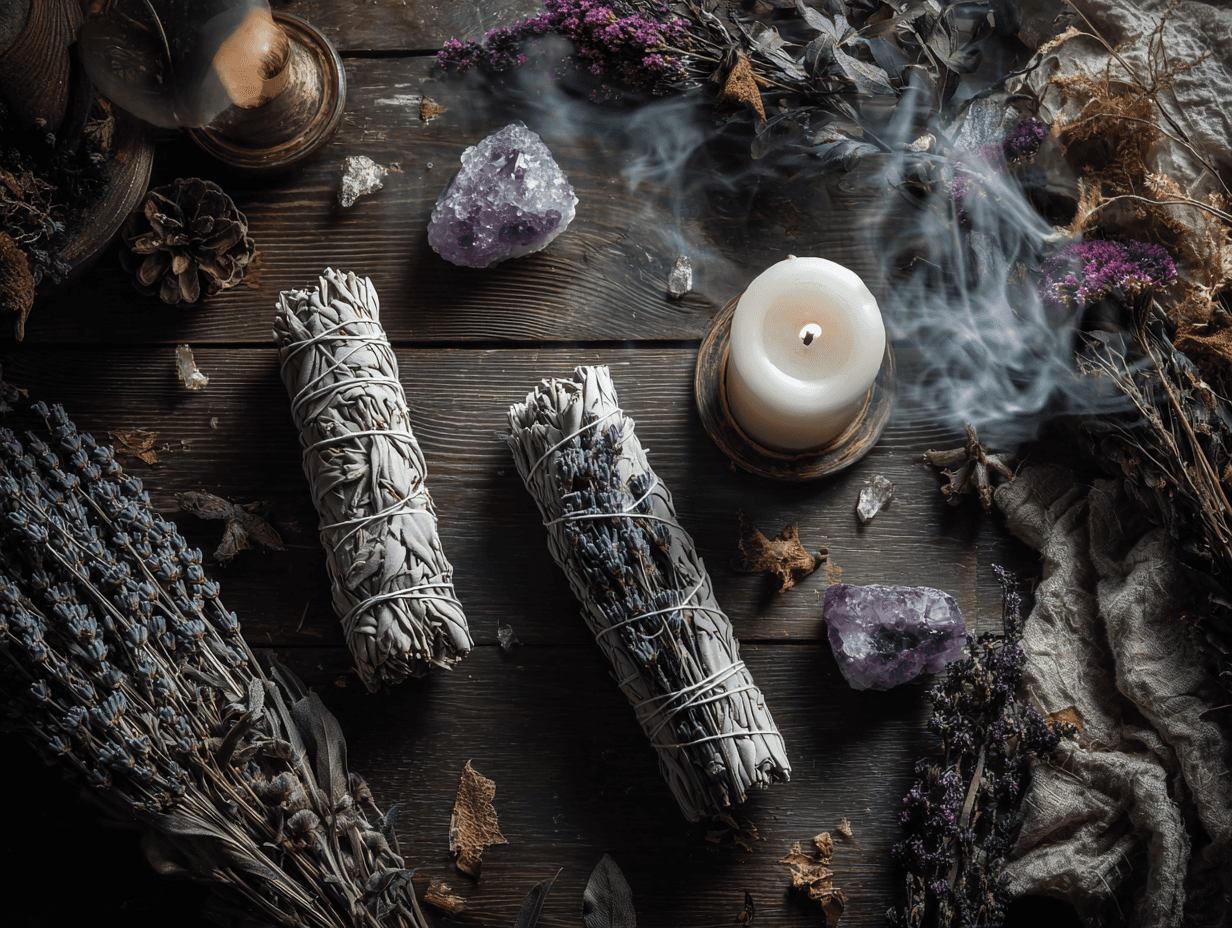 Dried lavender and valerian bundles beside a burned-down white candle and small amethyst on dark wood