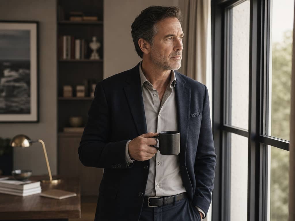 Man in his late 40s standing at a window with coffee, contemplating his health — Hero Health & Hormone telehealth consultations serving Charleston, SC