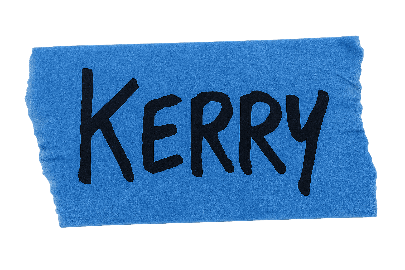 A blue rectangular tape with the name "KERRY" written in bold, black handwriting.