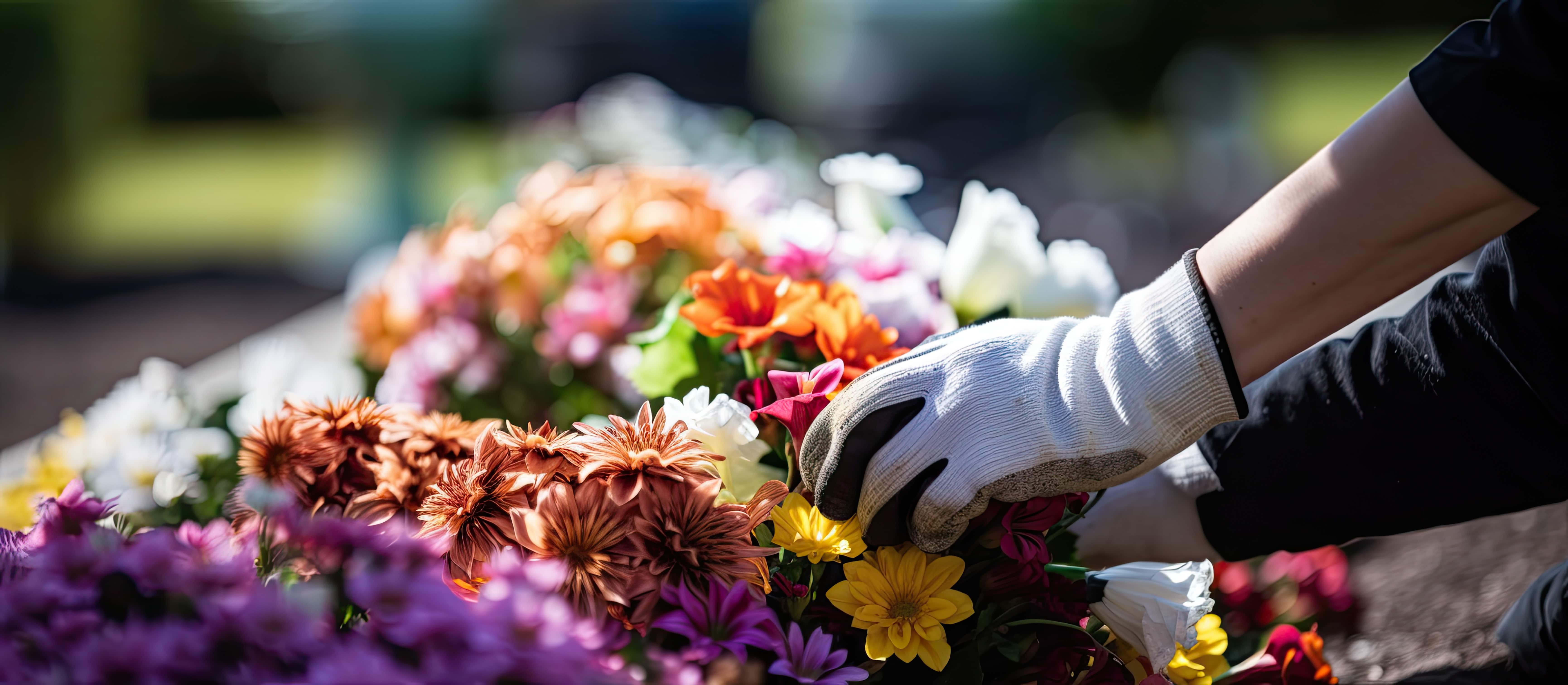 Fleurs sur une pierre tombale « In loving memory »