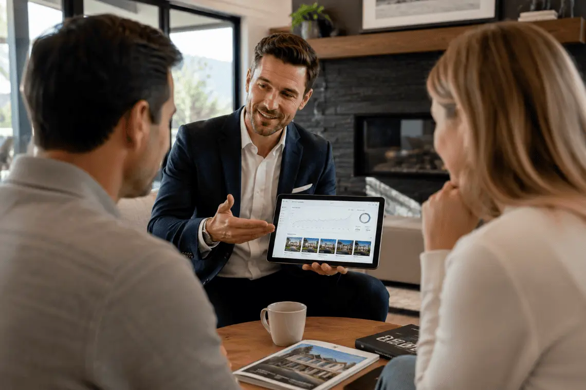 A real estate professional presenting a digital marketing presentation on a tablet to potential home sellers.